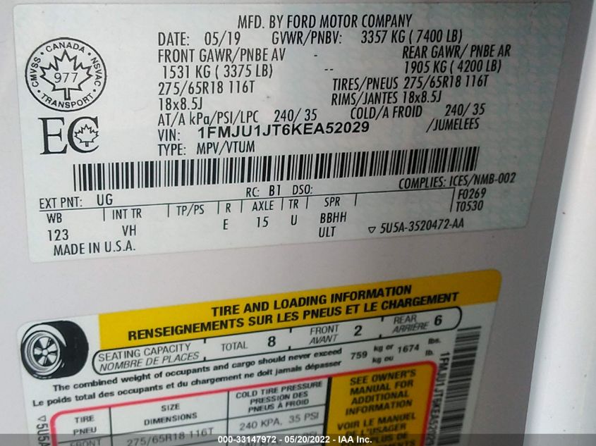 2019 FORD EXPEDITION XLT 1FMJU1JT6KEA52029