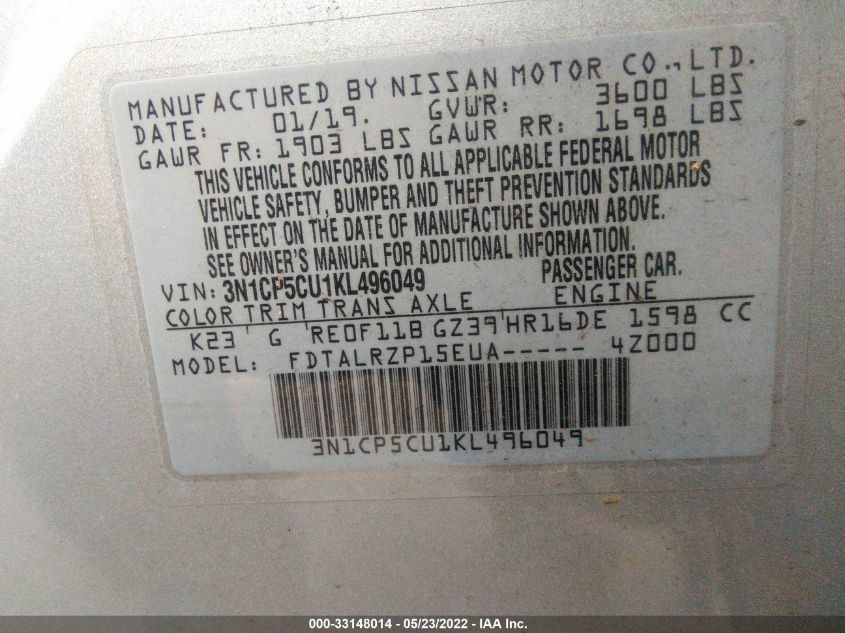 2019 NISSAN KICKS S 3N1CP5CU1KL496049