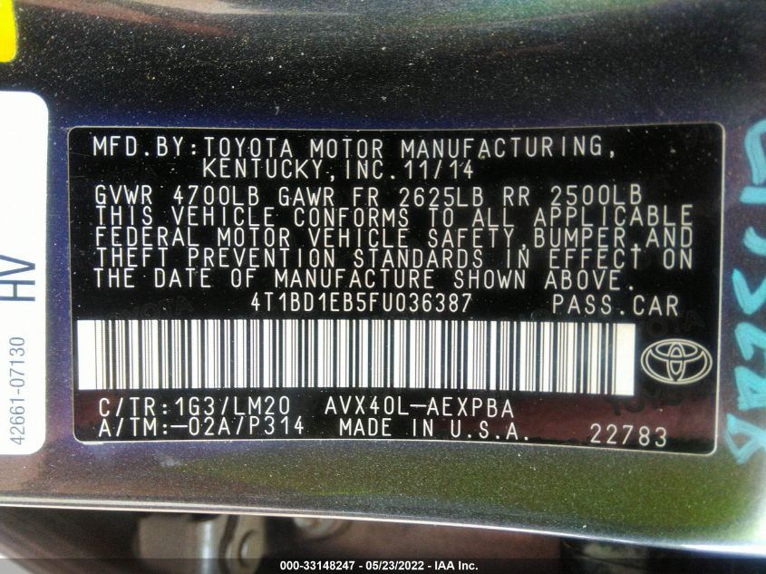 2015 TOYOTA AVALON HYBRID LIMITED 4T1BD1EB5FU036387