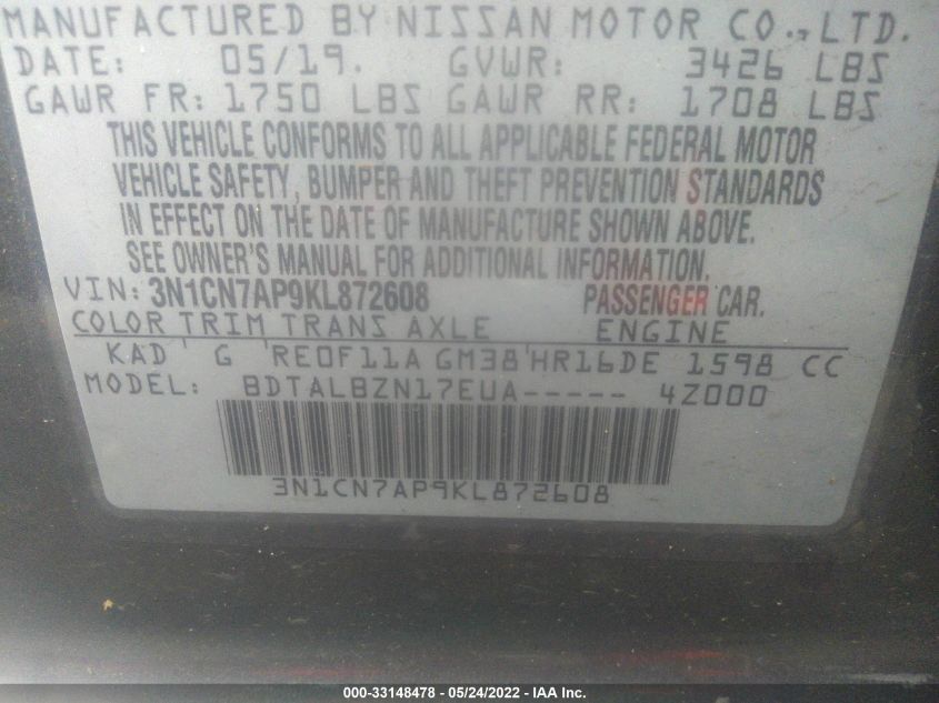2019 NISSAN VERSA SEDAN SV 3N1CN7AP9KL872608