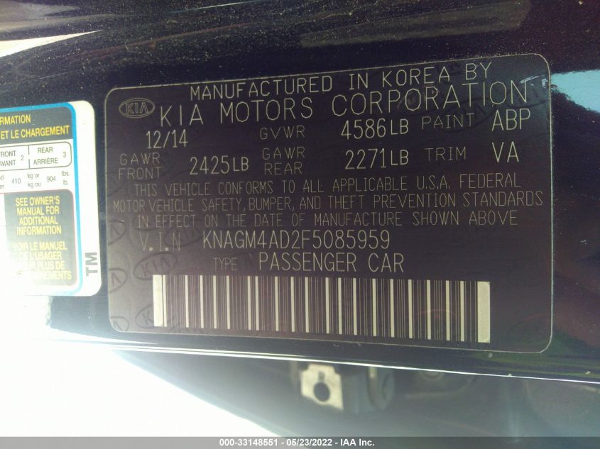 2015 KIA OPTIMA HYBRID KNAGM4AD2F5085959