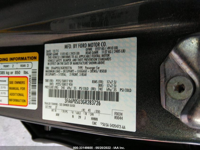 2016 FORD FUSION ENERGI TITANIUM 3FA6P0SU3GR283726