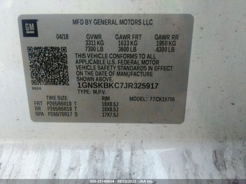 2018 CHEVROLET TAHOE LT 1GNSKBKC7JR325917