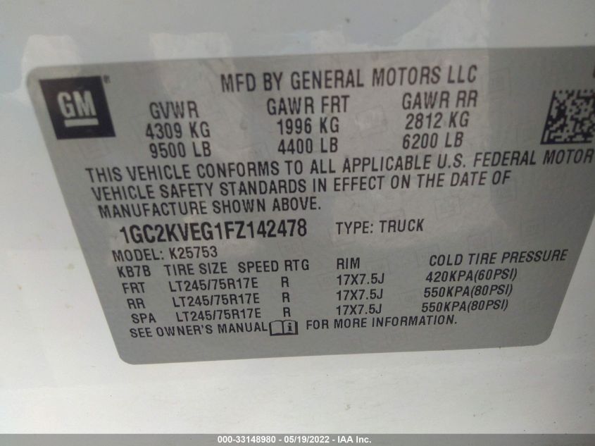 2015 CHEVROLET SILVERADO 2500HD LT 1GC2KVEG1FZ142478
