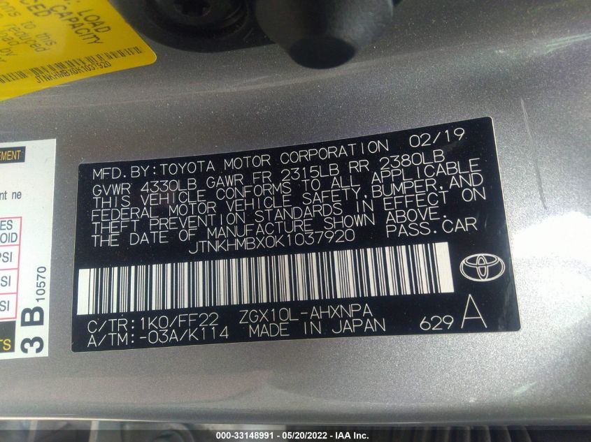 2019 TOYOTA C-HR XLE/LE/LIMITED JTNKHMBX0K1037920