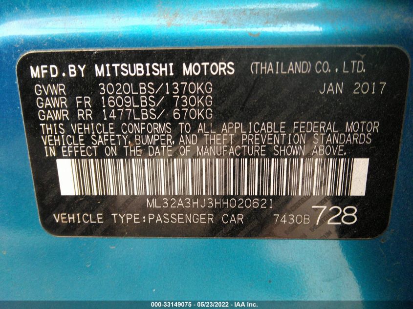 2017 MITSUBISHI MIRAGE ES ML32A3HJ3HH020621