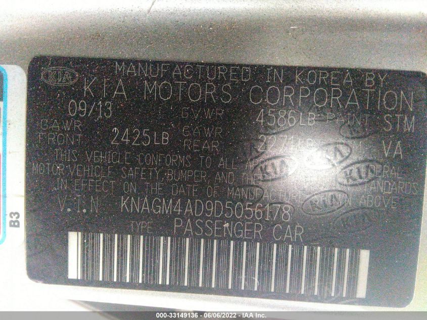 2013 KIA OPTIMA HYBRID LX KNAGM4AD9D5056178