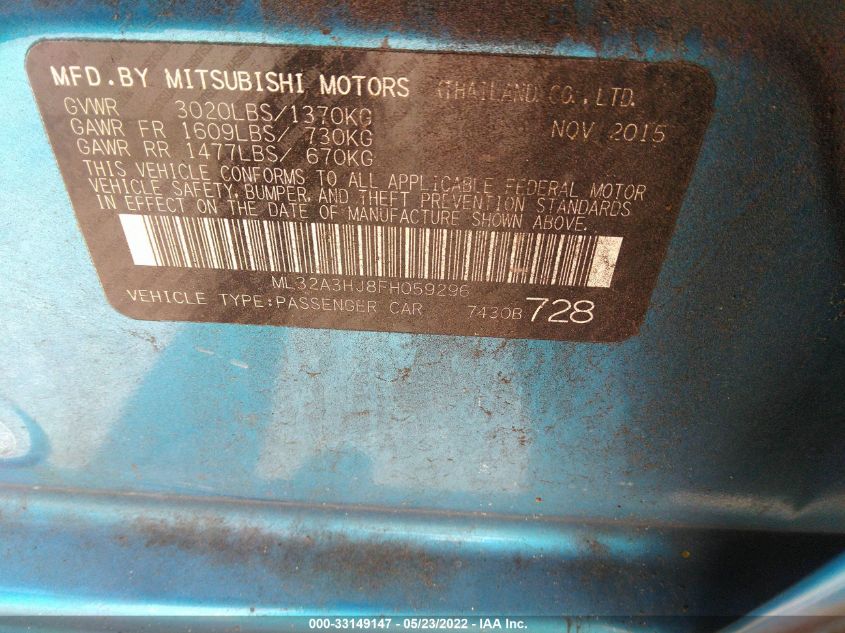 2015 MITSUBISHI MIRAGE DE/RF ML32A3HJ8FH059296