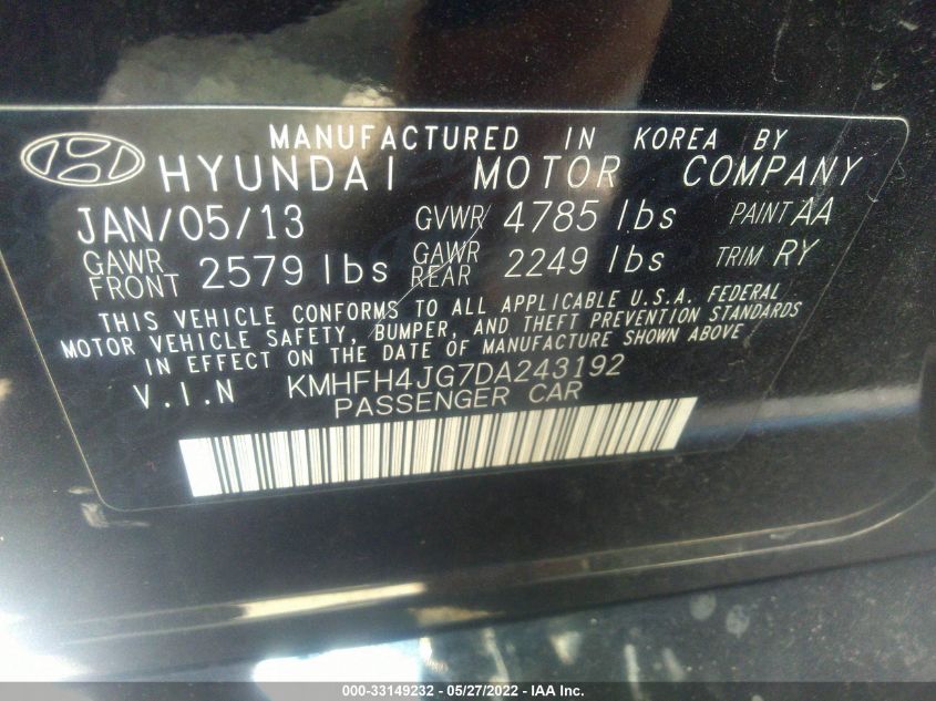 2013 HYUNDAI AZERA KMHFH4JG7DA243192