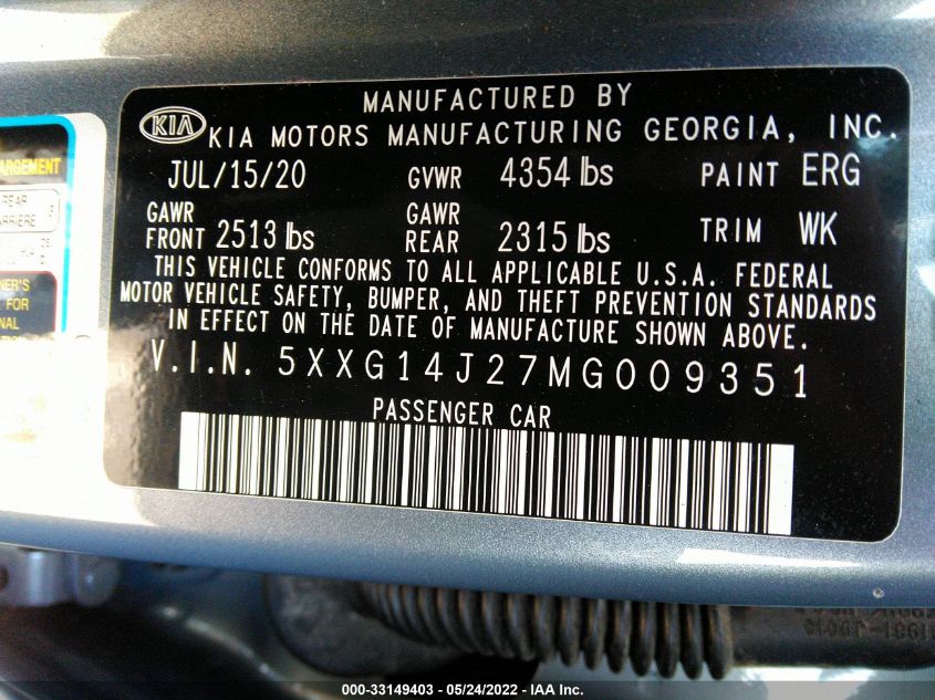 2021 KIA K5 LXS 5XXG14J27MG009351