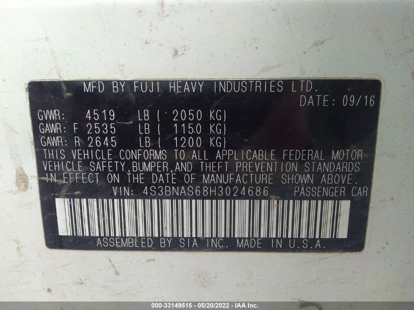 2017 SUBARU LEGACY SPORT 4S3BNAS68H3024686