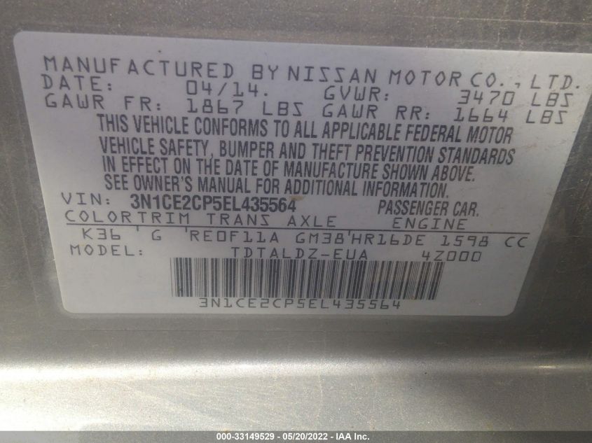 2014 NISSAN VERSA NOTE SV 3N1CE2CP5EL435564