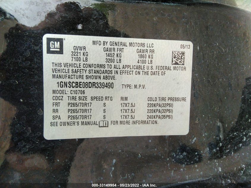 2013 CHEVROLET TAHOE LT 1GNSCBE08DR339490
