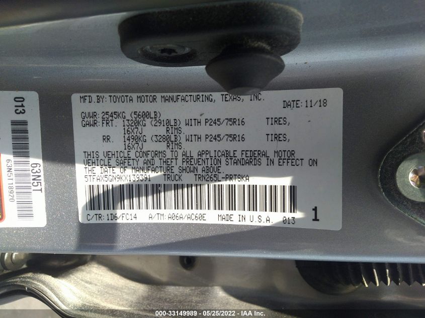 2019 TOYOTA TACOMA 2WD SR/SR5 5TFAX5GN9KX139391