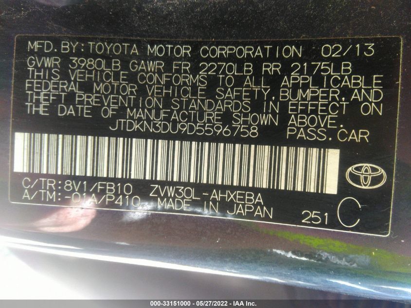 2013 TOYOTA PRIUS ONE/TWO/THREE/FOUR/FIVE JTDKN3DU9D5596758