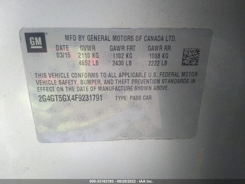 2015 BUICK REGAL GS 2G4GT5GX4F9231791