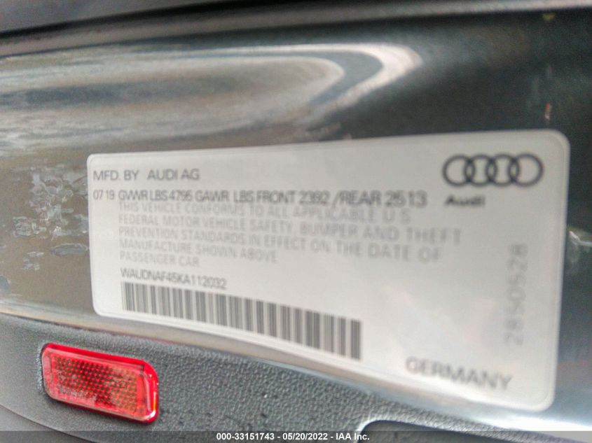 2019 AUDI A4 PREMIUM WAUDNAF45KA112032