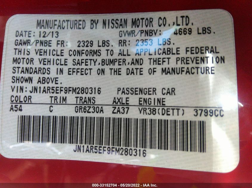 2015 NISSAN GT-R PREMIUM JN1AR5EF9FM280316