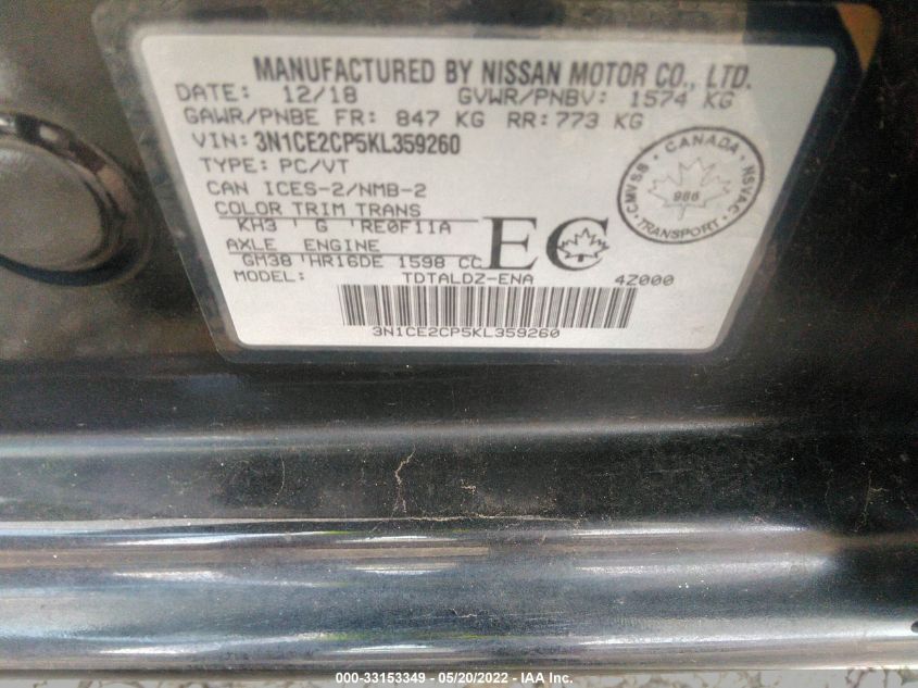 2019 NISSAN VERSA NOTE S/SV/SR 3N1CE2CP5KL359260