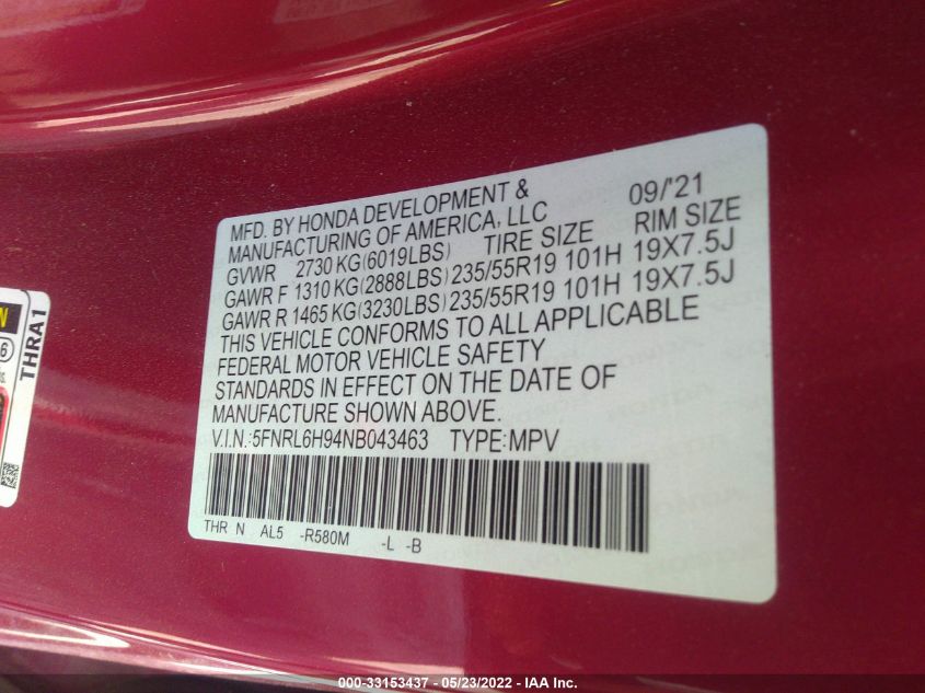 2022 HONDA ODYSSEY ELITE 5FNRL6H94NB043463