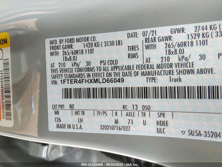2021 FORD RANGER XL/XLT/LARIAT 1FTER4FHXMLD66049