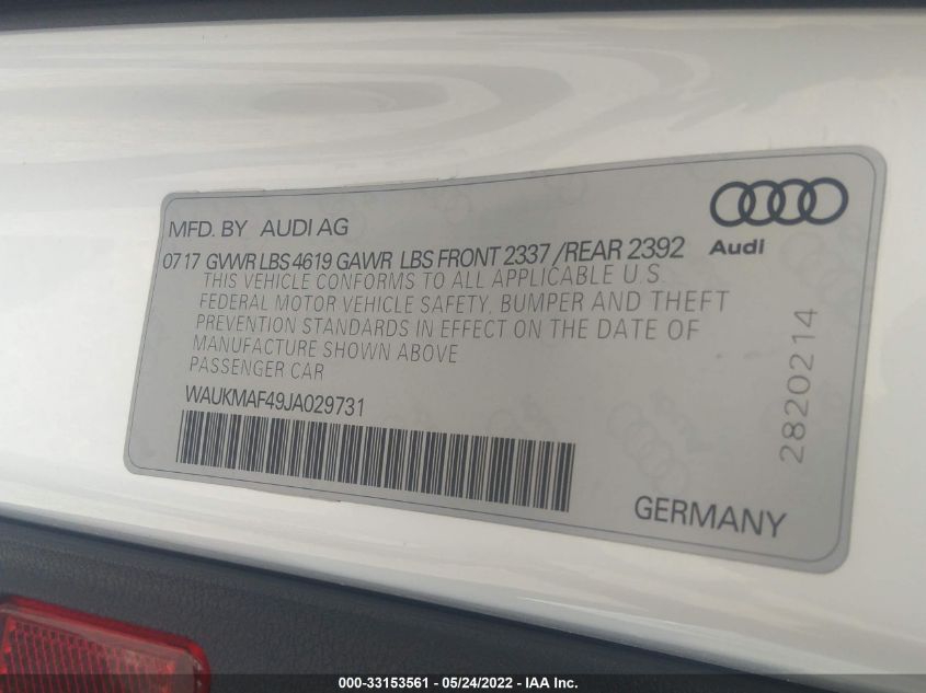 2018 AUDI A4 PREMIUM/TECH PREMIUM WAUKMAF49JA029731