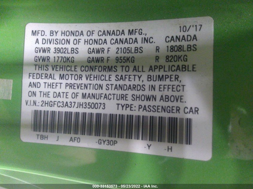 2018 HONDA CIVIC COUPE EX-T 2HGFC3A37JH350073
