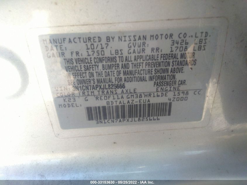 2018 NISSAN VERSA SEDAN S PLUS 3N1CN7APXJL825666