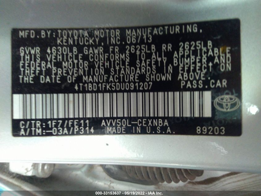 2013 TOYOTA CAMRY HYBRID LE/XLE 4T1BD1FK5DU091207