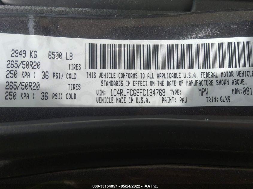 2015 JEEP GRAND CHEROKEE OVERLAND 1C4RJFCG9FC134769