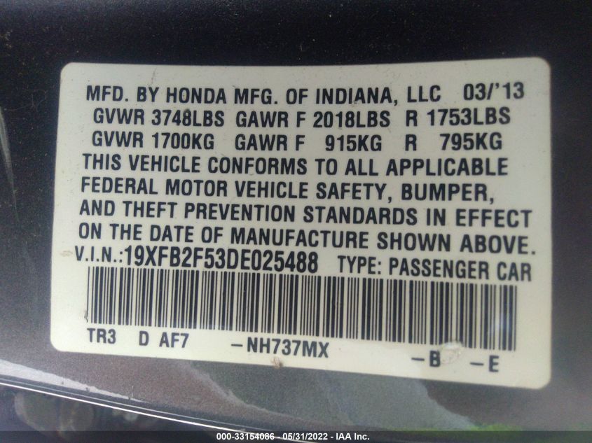 2013 HONDA CIVIC SDN LX 19XFB2F53DE025488