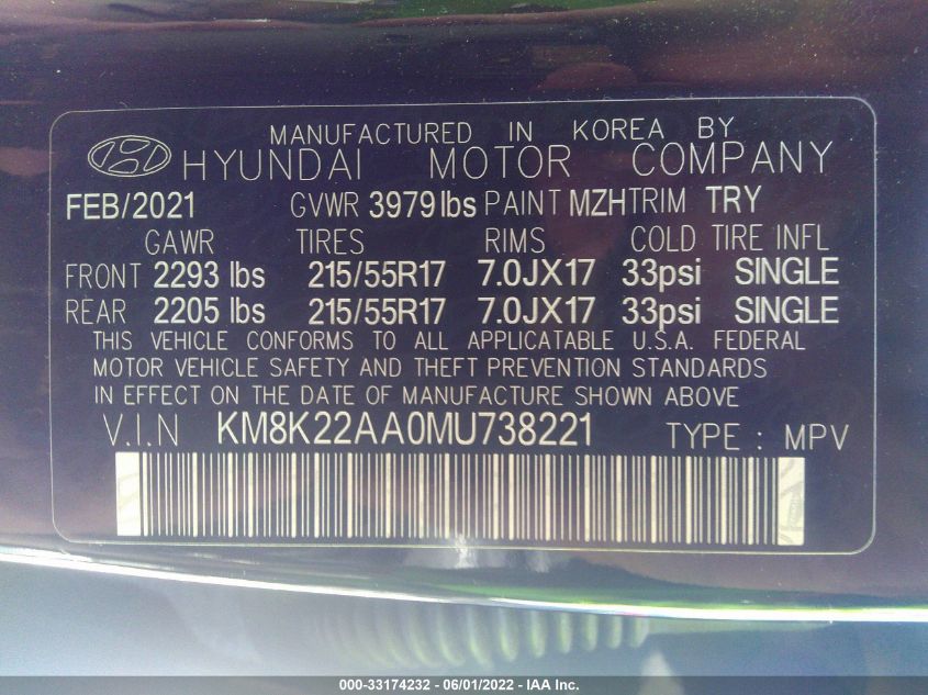 2021 HYUNDAI KONA SEL KM8K22AA0MU738221