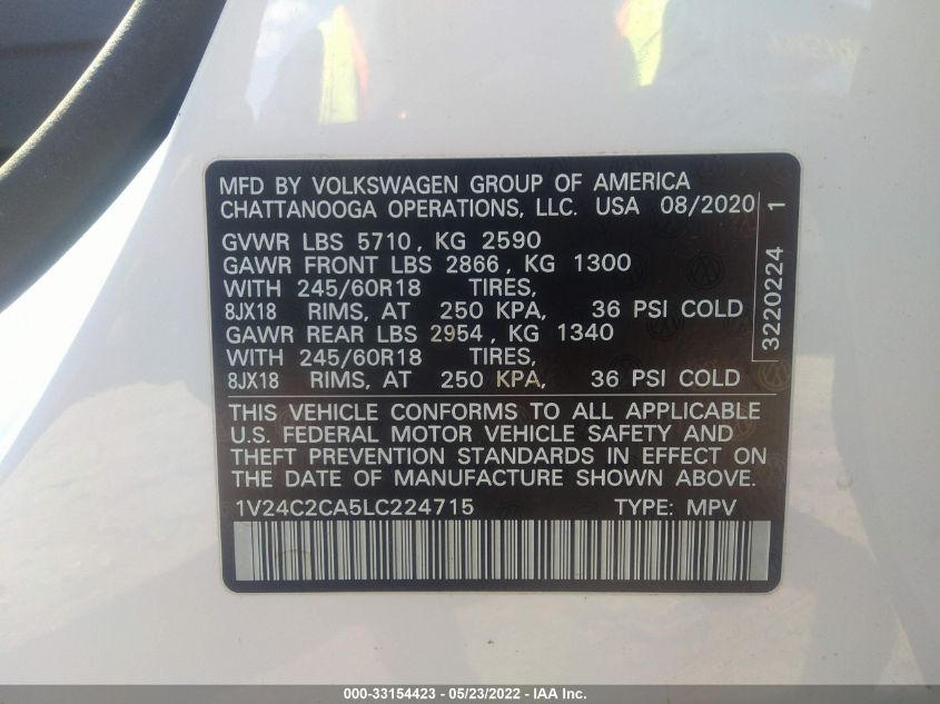 2020 VOLKSWAGEN ATLAS CROSS SPORT 2.0T SE 1V24C2CA5LC224715