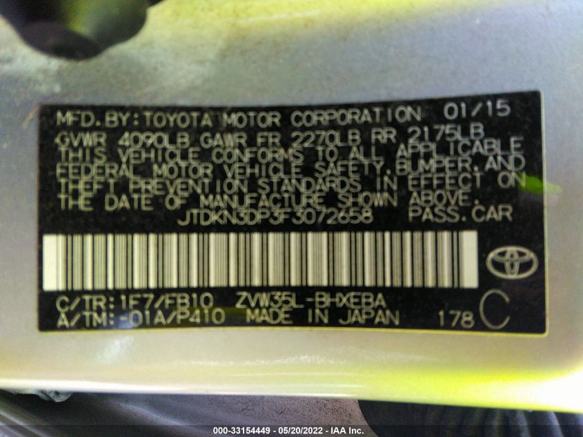 2015 TOYOTA PRIUS PLUG-IN JTDKN3DP3F3072658
