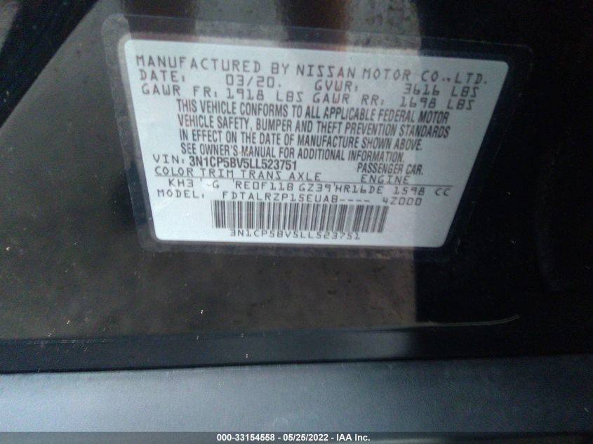 2020 NISSAN KICKS S 3N1CP5BV5LL523751