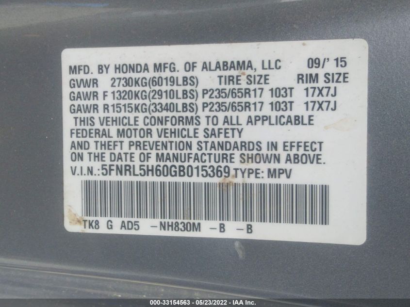 2016 HONDA ODYSSEY EX-L 5FNRL5H60GB015369