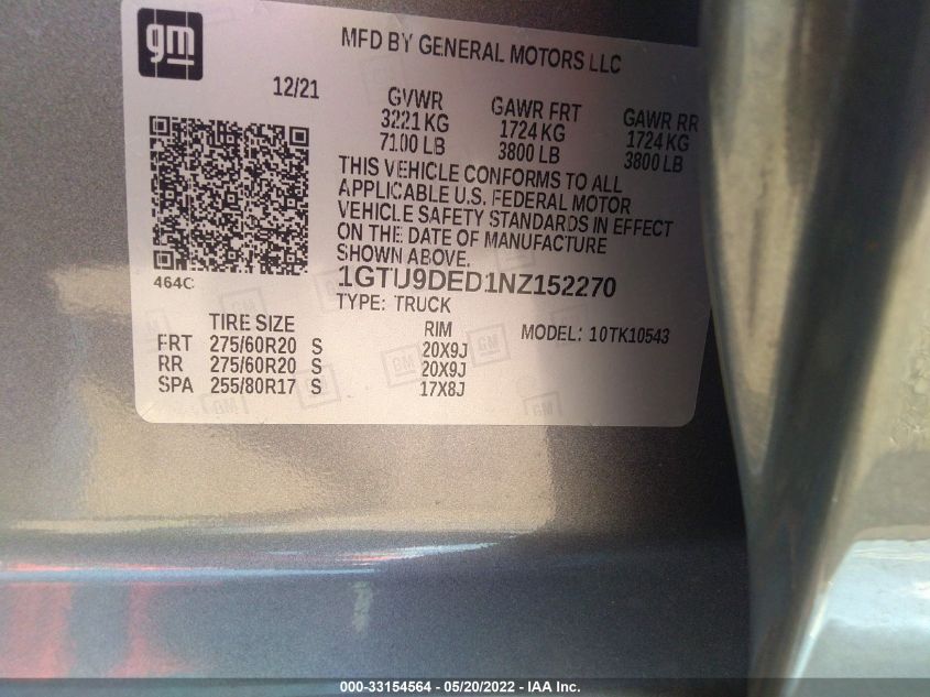 2022 GMC SIERRA 1500 LIMITED SLT 1GTU9DED1NZ152270