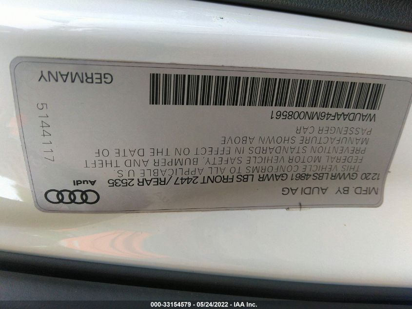 2021 AUDI A4 SEDAN S LINE PREMIUM WAUDAAF46MN008561