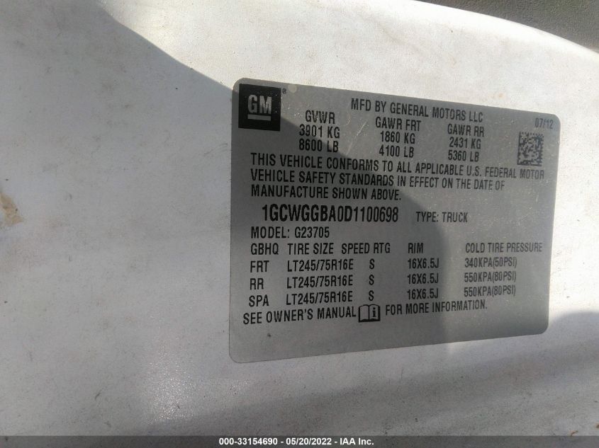 2013 CHEVROLET EXPRESS CARGO VAN 1GCWGGBA0D1100698