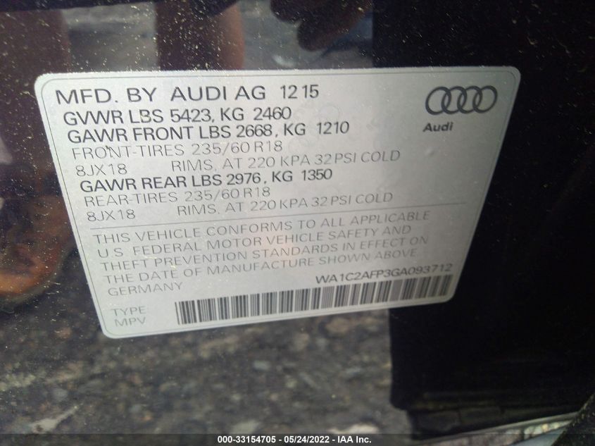 2016 AUDI Q5 PREMIUM WA1C2AFP3GA093712
