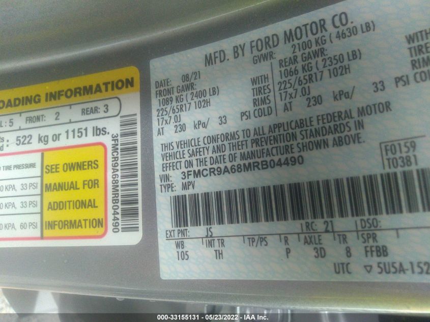 2021 FORD BRONCO SPORT BASE 3FMCR9A68MRB04490