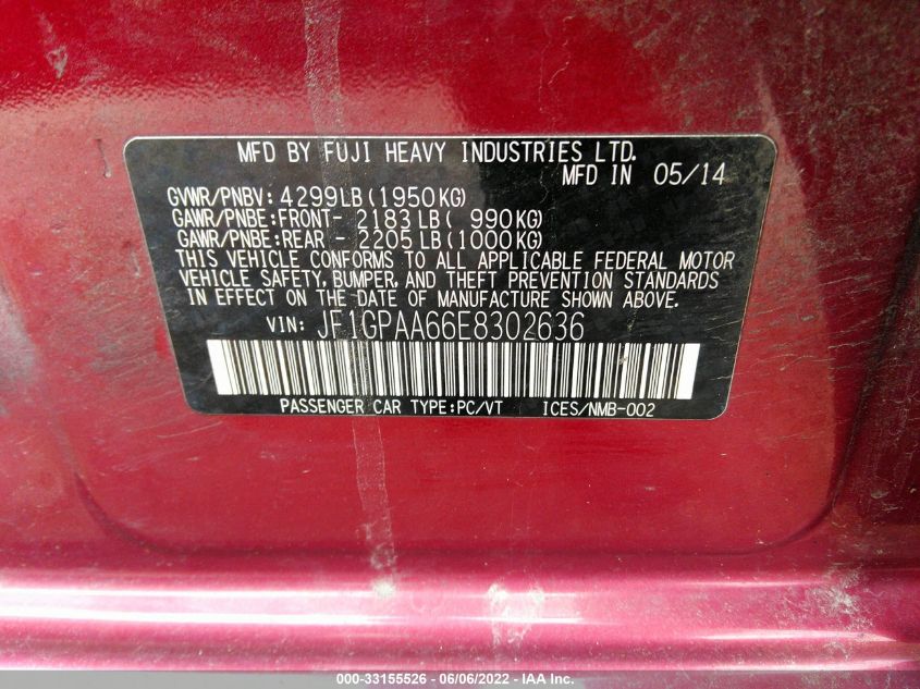 2014 SUBARU IMPREZA WAGON 2.0I JF1GPAA66E8302636