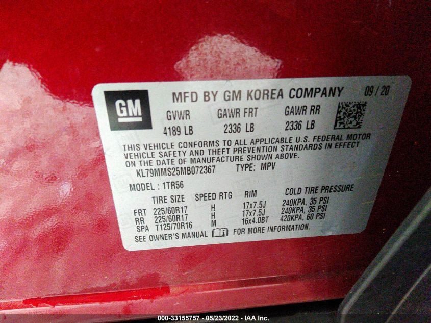 2021 CHEVROLET TRAILBLAZER LS KL79MMS25MB072367