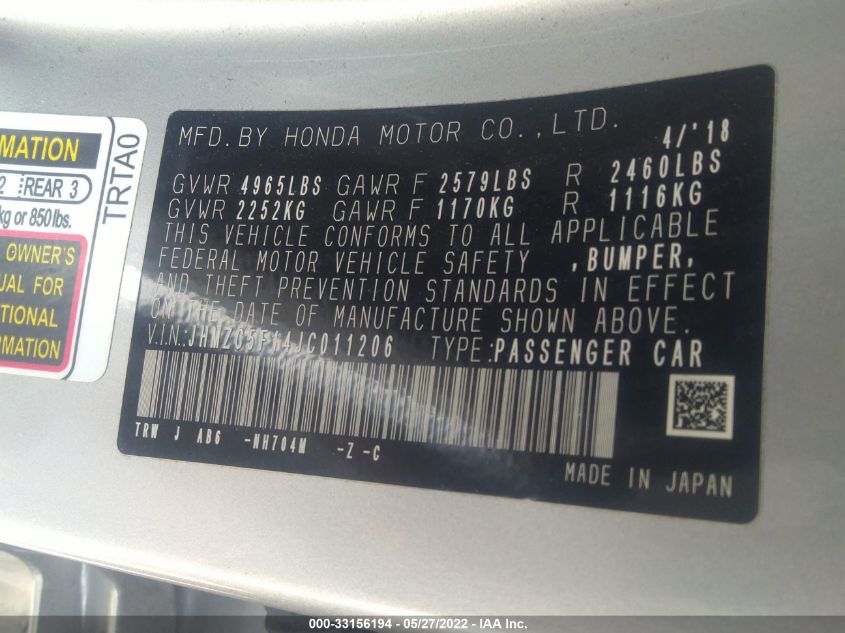 2018 HONDA CLARITY PLUG-IN HYBRID JHMZC5F14JC011206
