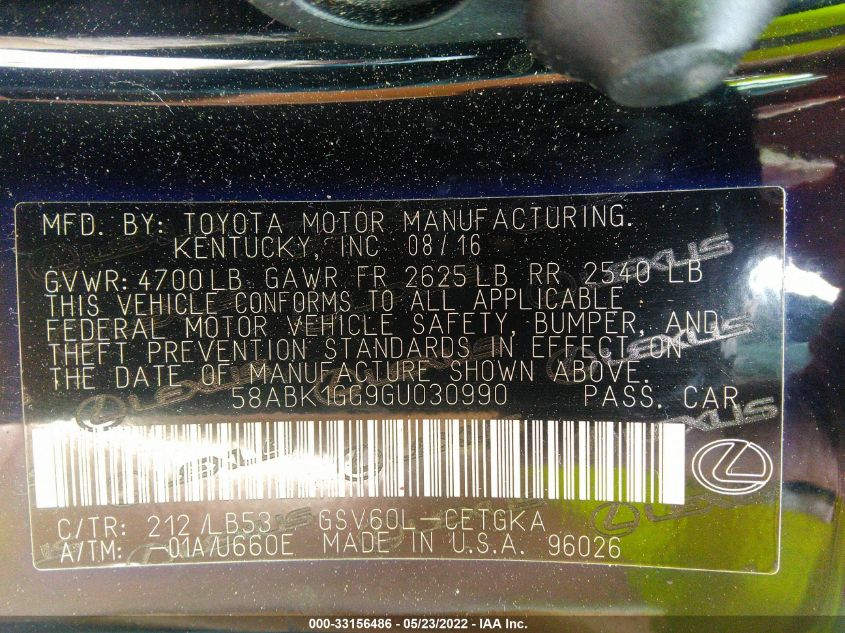 2016 LEXUS ES 350 58ABK1GG9GU030990