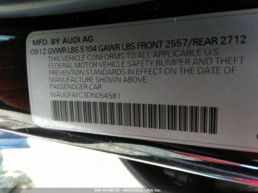 2013 AUDI A6 2.0T PREMIUM PLUS WAUGFAFC3DN054581