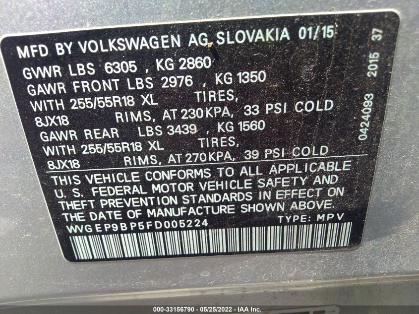 2015 VOLKSWAGEN TOUAREG SPORT W/TECHNOLOGY WVGEP9BP5FD005224