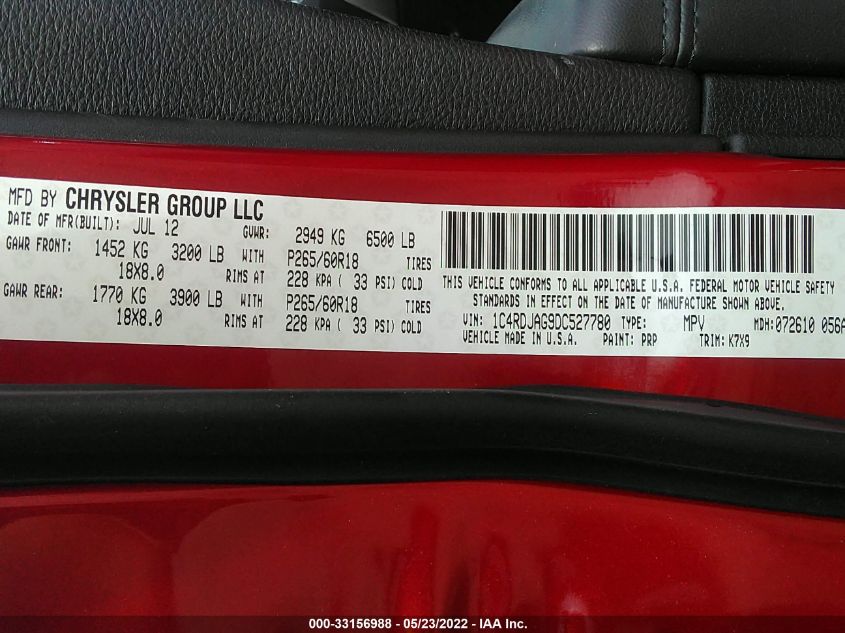 2013 DODGE DURANGO SXT 1C4RDJAG9DC527780
