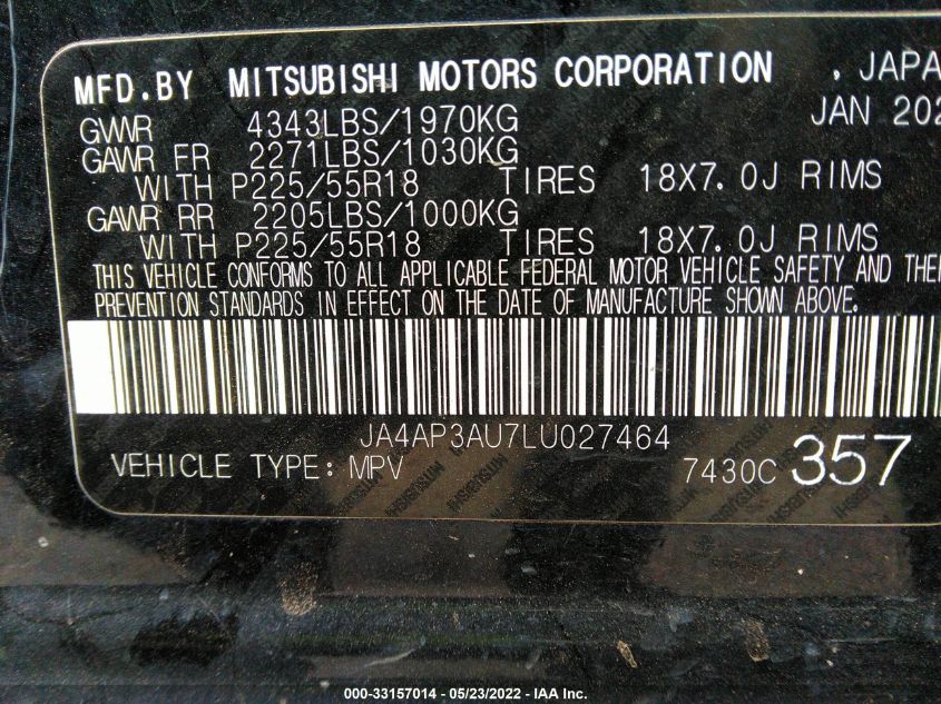 2020 MITSUBISHI OUTLANDER SPORT ES 2.0/SP 2.0 JA4AP3AU7LU027464