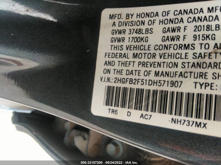 2013 HONDA CIVIC SDN LX 2HGFB2F51DH571907